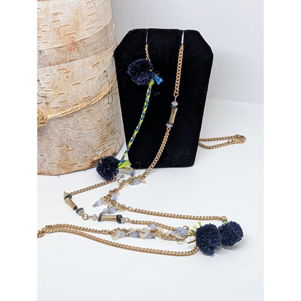 Lee by Lee Angel Navy Pom Pom Bead Braided Layer Necklace